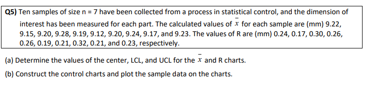 Ten Data Sample Solved Ten samples of size n = 7 have been collected from a | Chegg.com