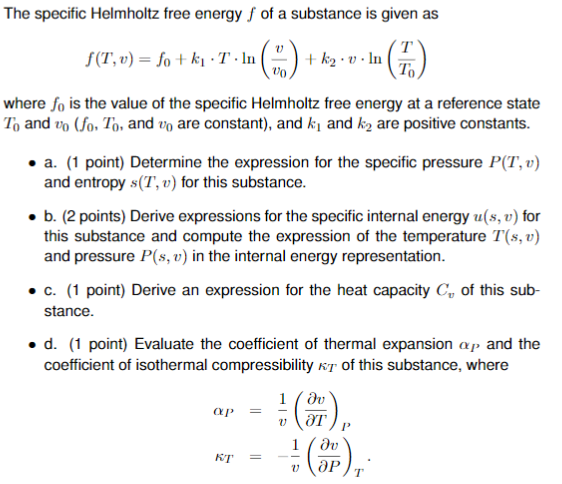 Solved The Specific Helmholtz Free Energy / Of A Substance | Chegg.com