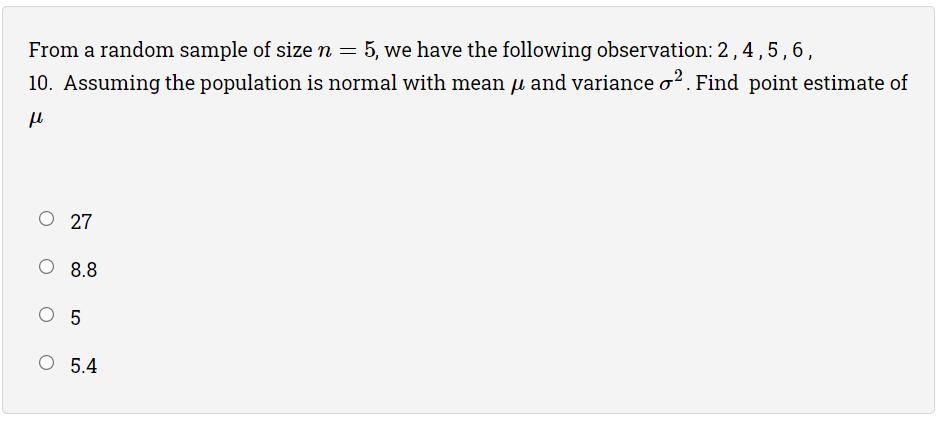 Solved From a random sample of size n = 5, we have the | Chegg.com