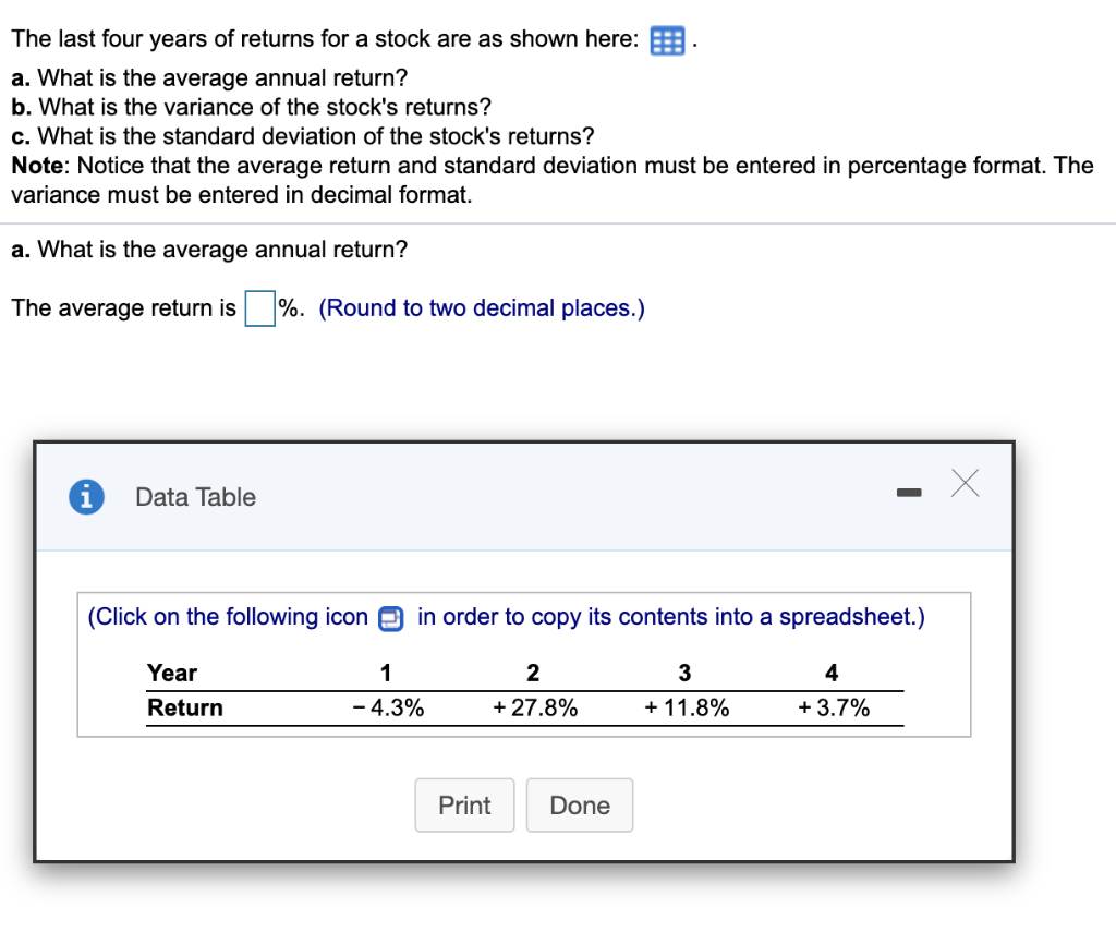 Solved The last four years of returns for a stock are as | Chegg.com
