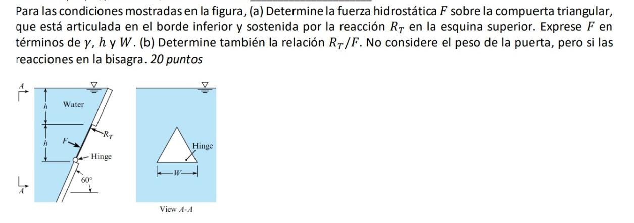 Para las condiciones mostradas en la figura, (a) Determine la fuerza hidrostática F sobre la compuerta triangular, que está a