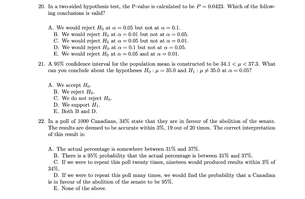 Solved 20. In A Two-sided Hypothesis Test, The P-value Is 