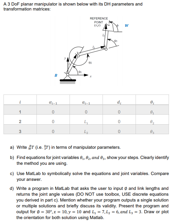 A 3 DoF planar manipulator is shown below with its DH | Chegg.com
