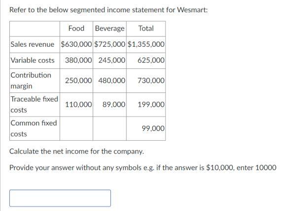 Solved Refer to the below segmented income statement for | Chegg.com