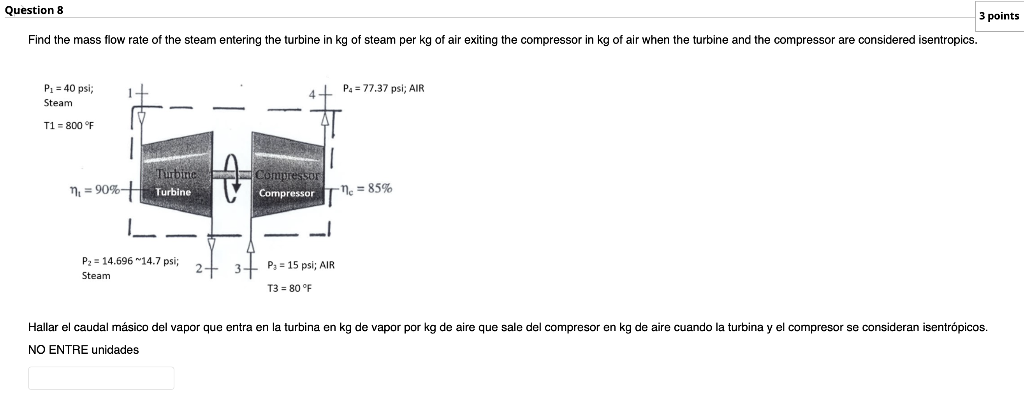 Hallar el caudal másico del vapor que entra en la turbina en \( \mathrm{kg} \) de vapor por kg de aire que sale del compresor