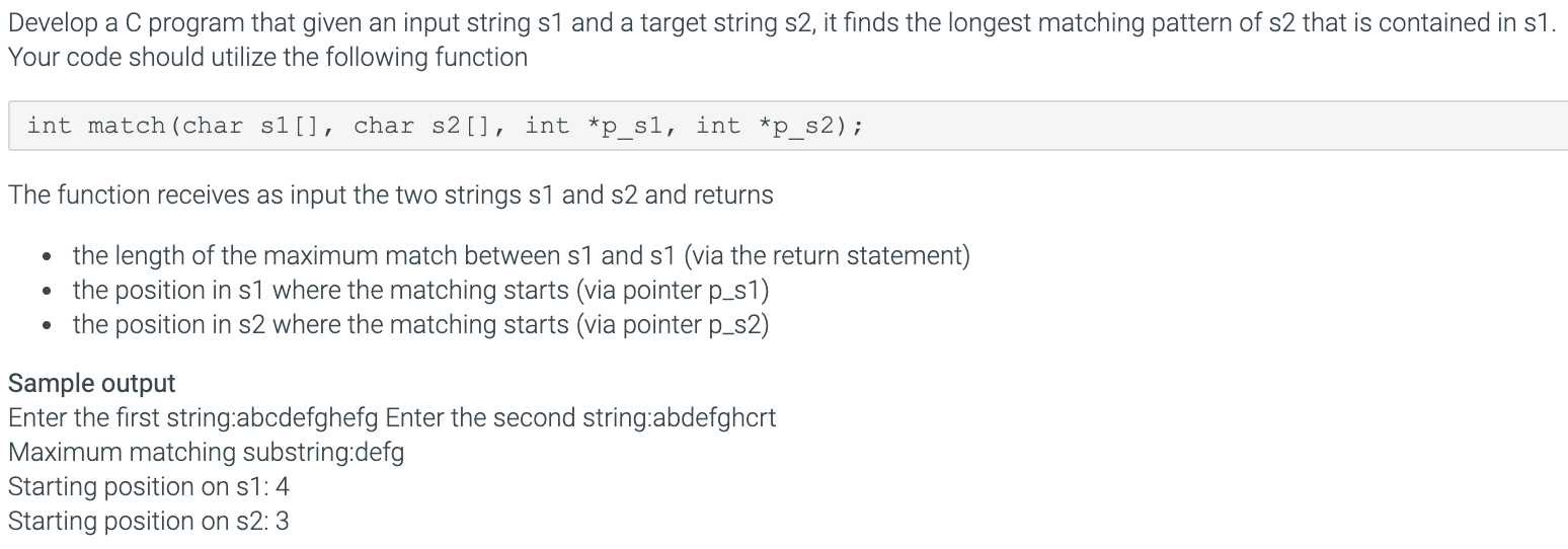 Develop a C program that given an input string s1 and | Chegg.com