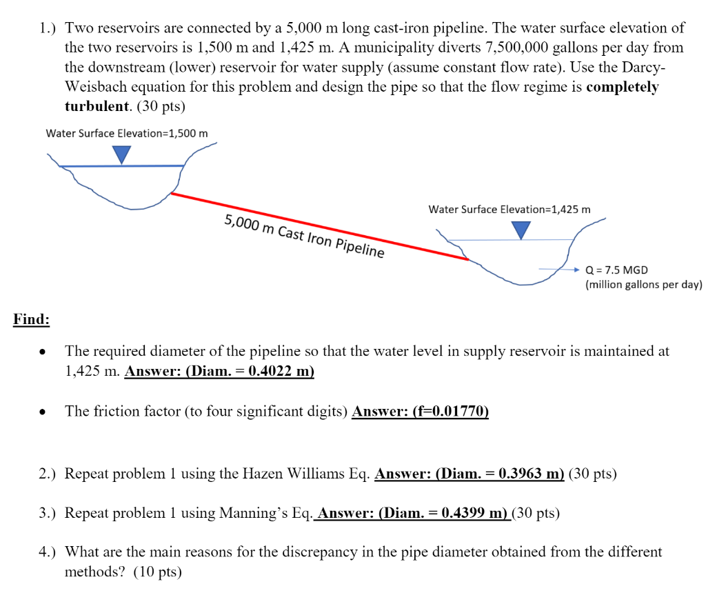 Solved 1.) Two reservoirs are connected by a 5,000 m long | Chegg.com