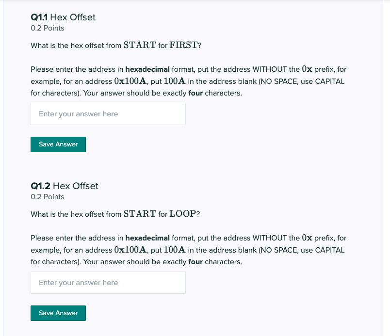 What is the hex offset from START for FIRST?
Please enter the address in hexadecimal format, put the address WITHOUT the \( 0