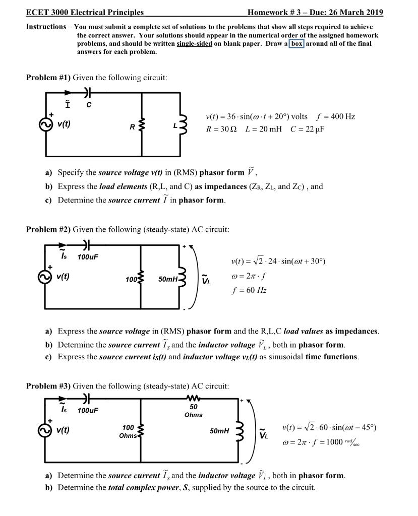 Solved ECET 3000 Electrical Principles Homework #3 - Due: 26 | Chegg.com