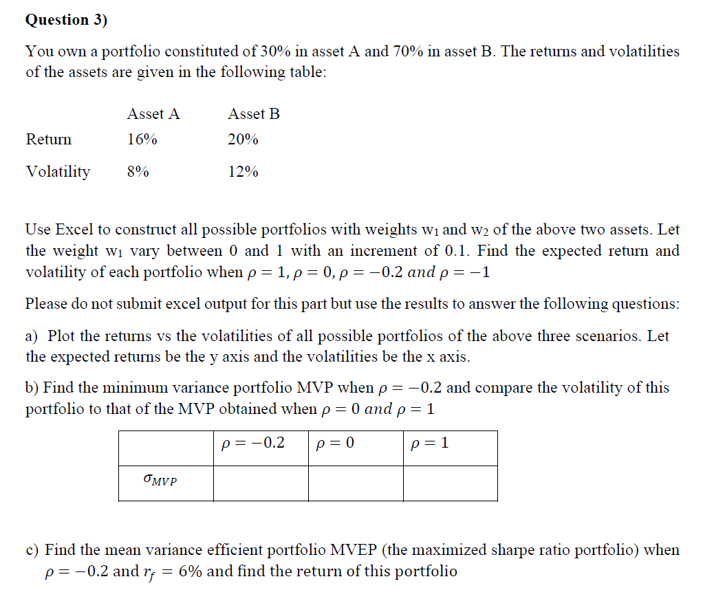 Solved Question 3) You own a portfolio constituted of 30% in | Chegg.com