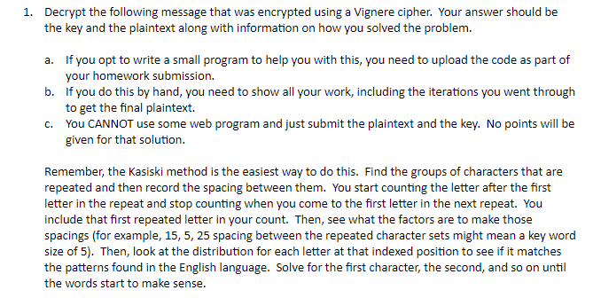 Solved 1. Decrypt The Following Message That Was Encrypted | Chegg.com