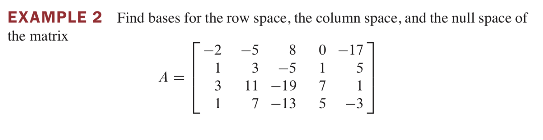 Solved EXAMPLE 2 ﻿Find bases for the row space, the column | Chegg.com