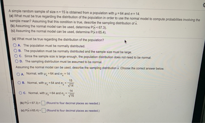 Solved A simple random sample of size n 15 is obtained from | Chegg.com