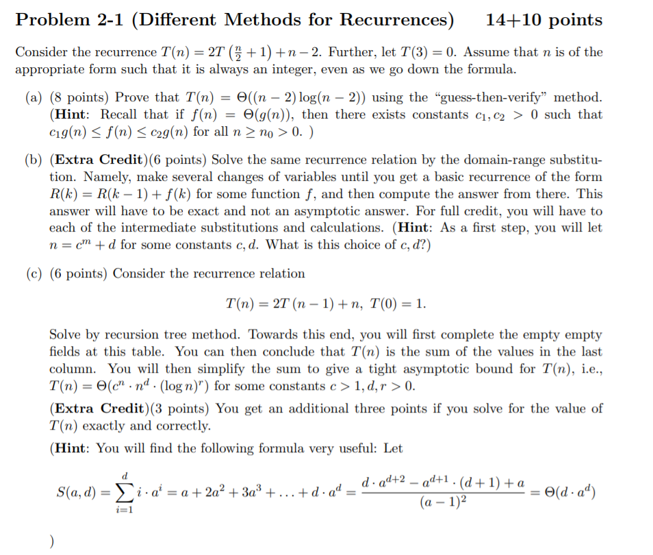 Solved Problem 2-1 (Different Methods for Recurrences) 14+10 | Chegg.com