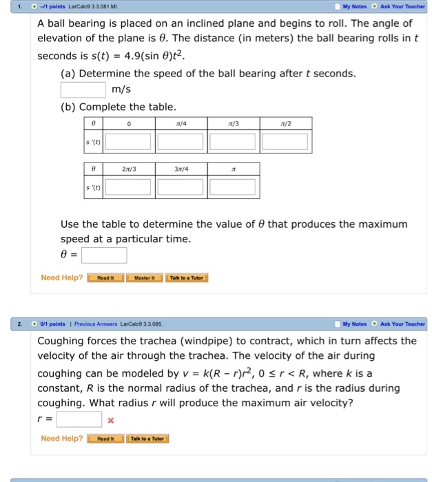 Solved /1 points LarCalc9 3.3.081.M A ball bearing is placed | Chegg.com