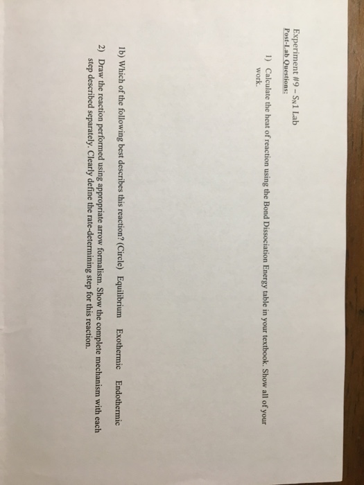 Solved Experiment #9-SN1 Lab Post-Lab Questions: Calculate | Chegg.com