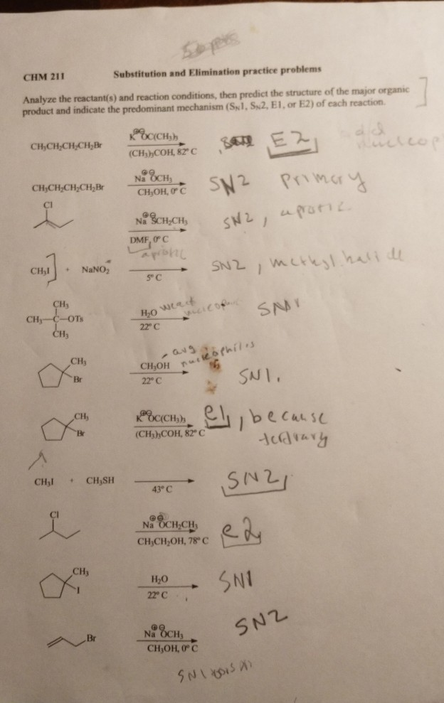 Solved CHM 211 Substitution and Elimination practice | Chegg.com