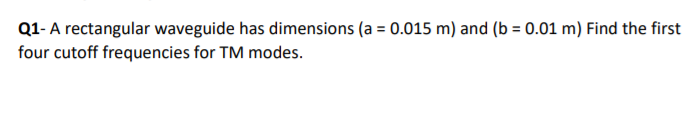 Solved Q1- A rectangular waveguide has dimensions (a = 0.015 | Chegg.com