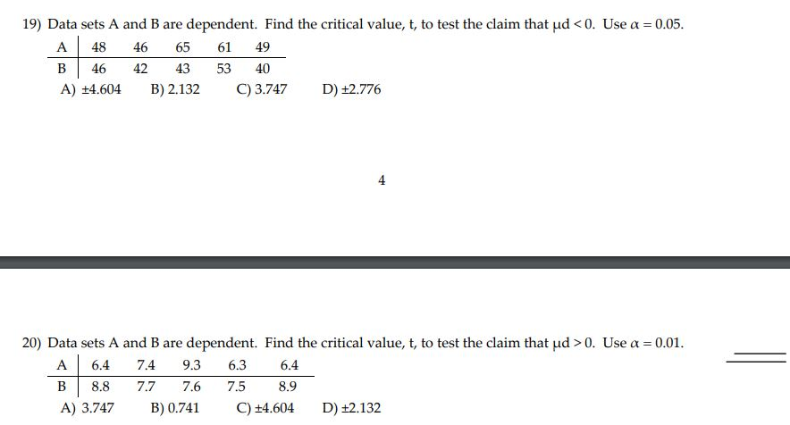 Solved 49 19) Data Sets A And B Are Dependent. Find The | Chegg.com