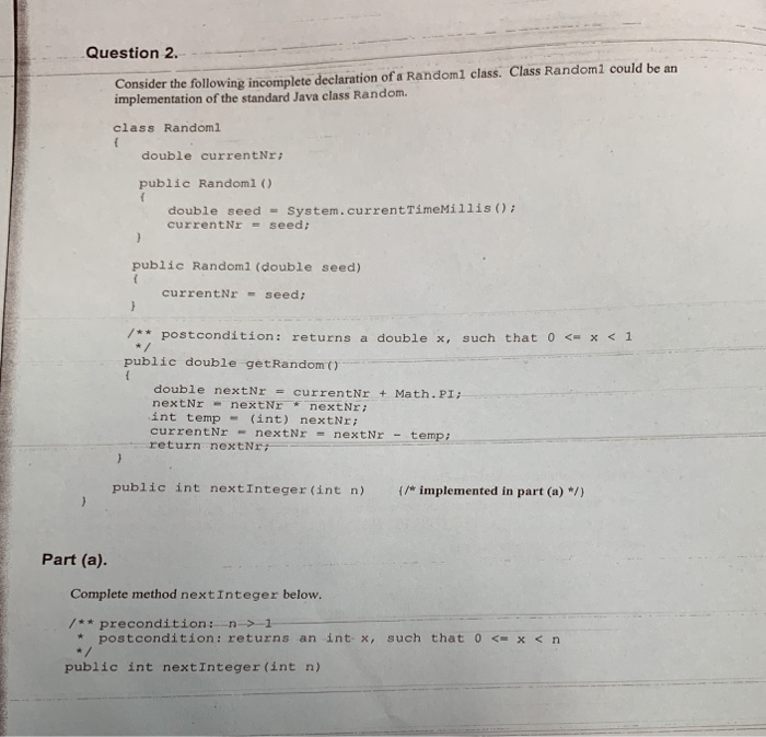 Solved Question 2. Consider the following incomplete | Chegg.com
