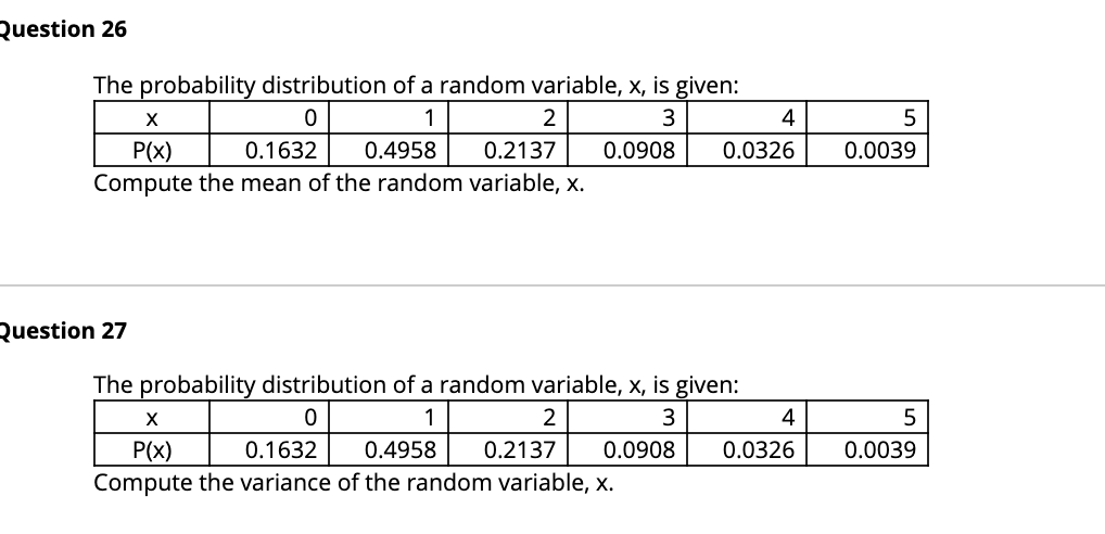 Solved Question 26 The probability distribution of a random | Chegg.com