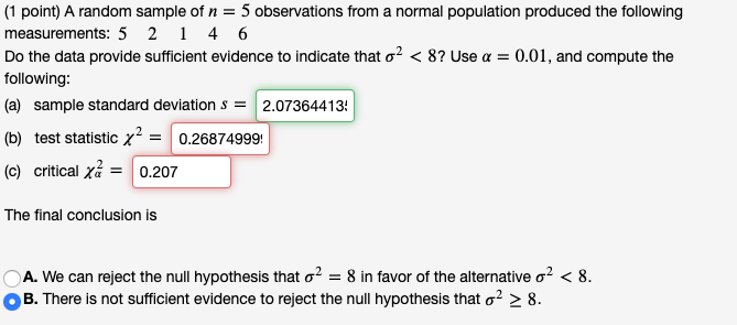 Solved (1 point) A random sample of n = 5 observations from | Chegg.com