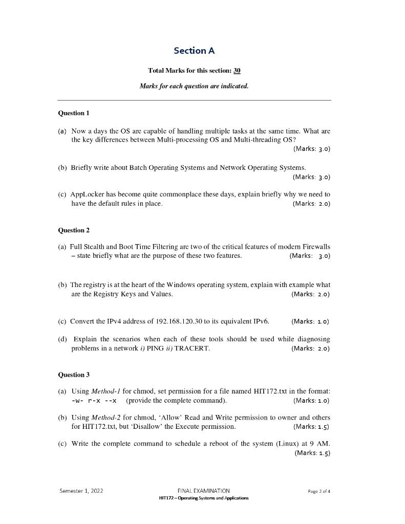 Solved Section A Total Marks for this section: 30 Marks for | Chegg.com