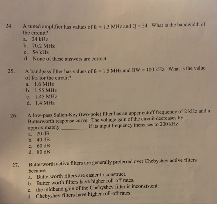 Solved 24. A tuned amplifier has values of fo - 1.3 MHz and | Chegg.com