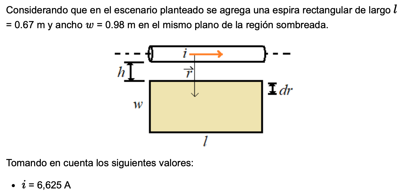 Considerando que en el escenario planteado se agrega una espira rectangular de largo \( l \) \( =0.67 \mathrm{~m} \) y ancho