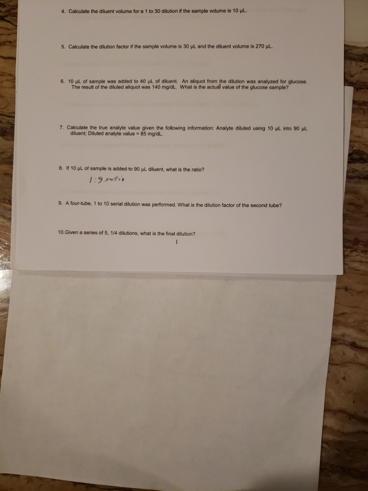 Solved 4. Calculate the diluent volume for a 1 to 30 | Chegg.com