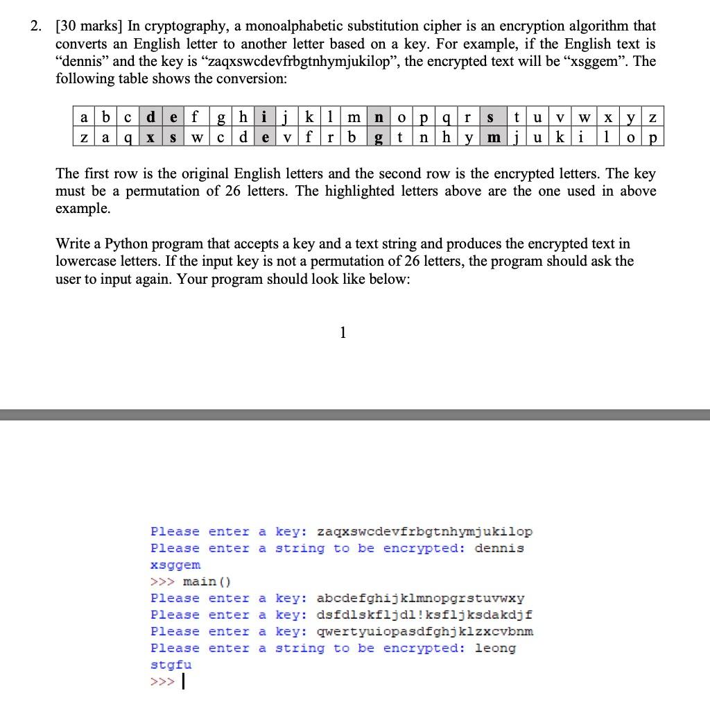 Solved 2. [30 marks] In cryptography, a monoalphabetic | Chegg.com