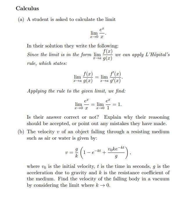 Solved Calculus (a) A student is asked to calculate the | Chegg.com