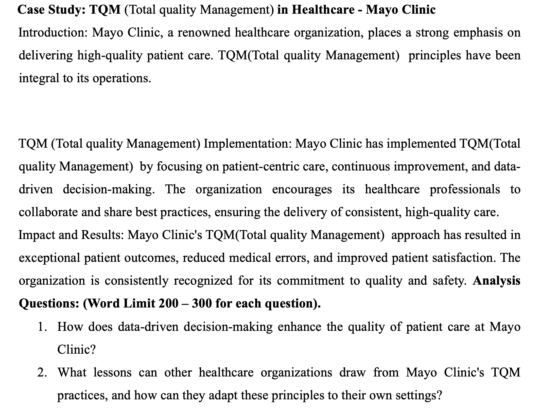 quality management case study healthcare