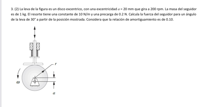 3. (2) La leva de la figura es un disco excentrico, con una excentricidad \( a=20 \mathrm{~mm} \) que gira a \( 200 \mathrm{r