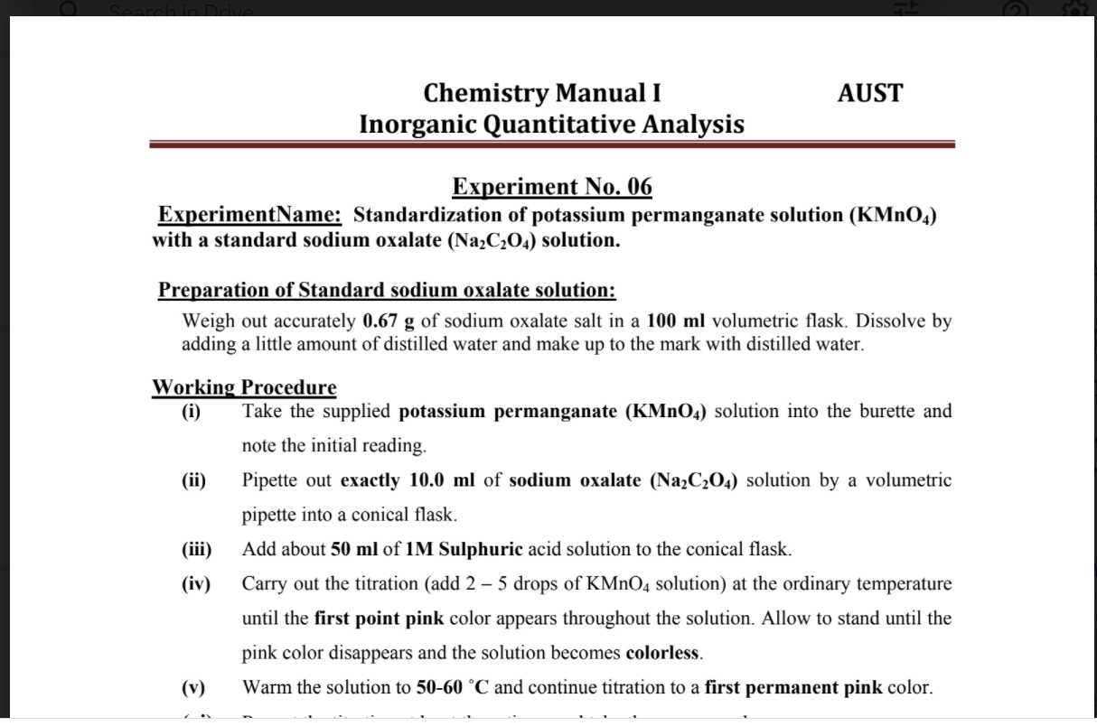Solved AUST Chemistry Manual I Quantitative