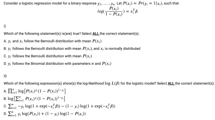 Solved Consider A Logistic Regression Model For A Binary | Chegg.com