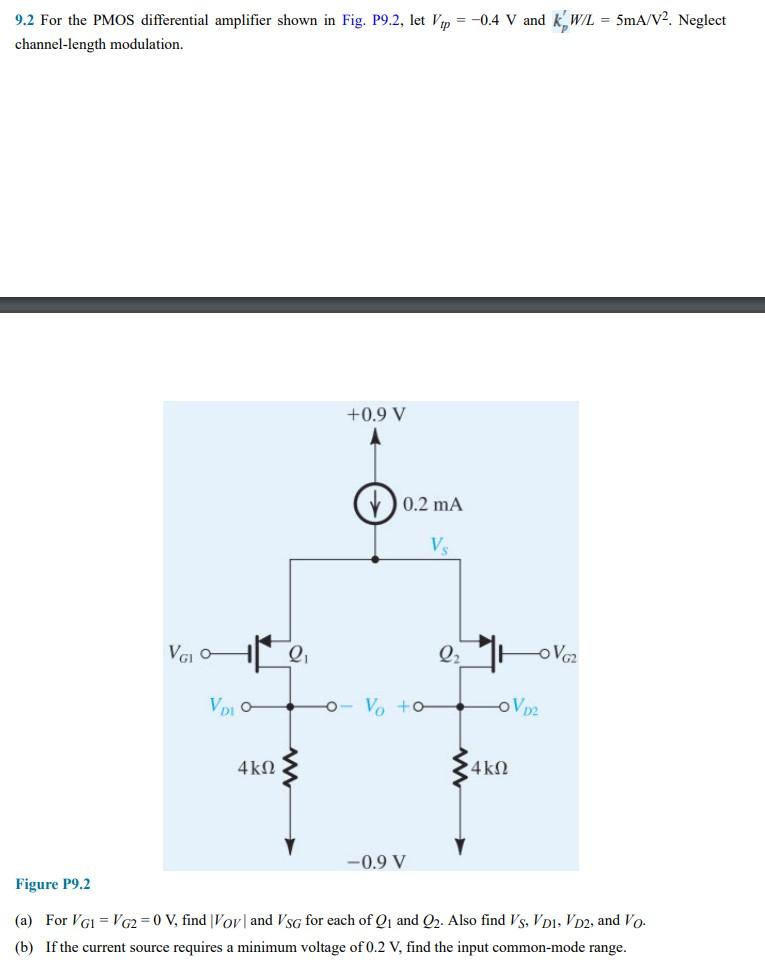 Solved 9.2 For The PMOS Differential Amplifier Shown In Fig. | Chegg.com