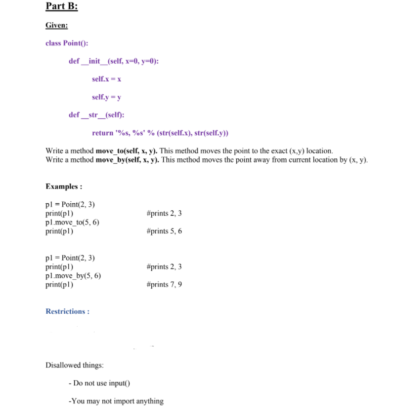Solved Part B: Given: class Point(): def __init__(self, x=0, | Chegg.com