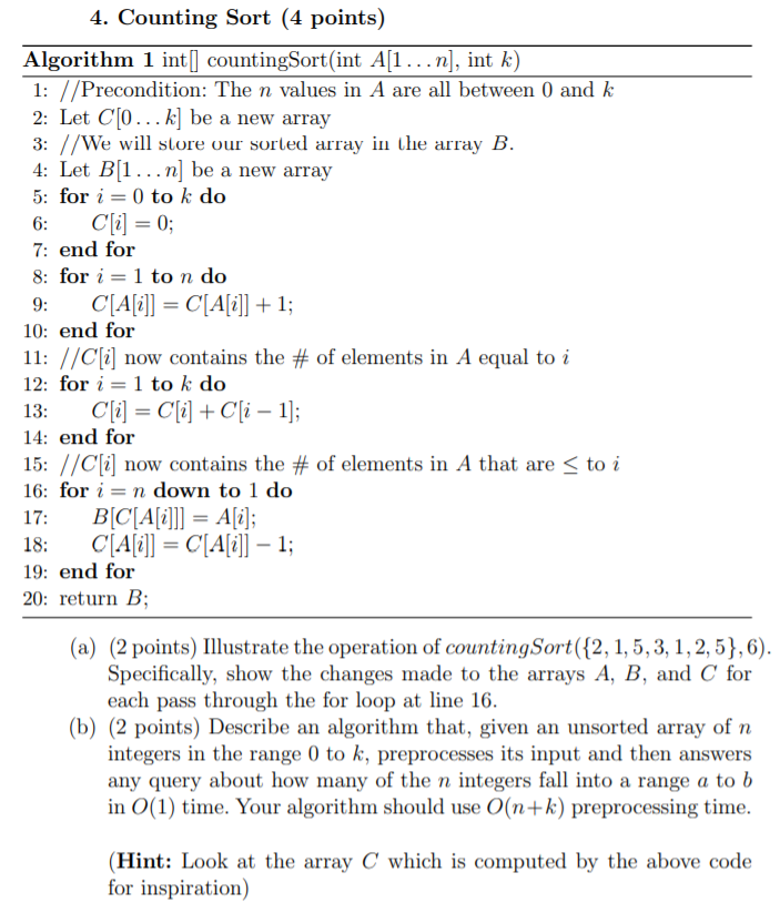 Solved 4. Counting Sort (4 points) Algorithm 1 int[] | Chegg.com