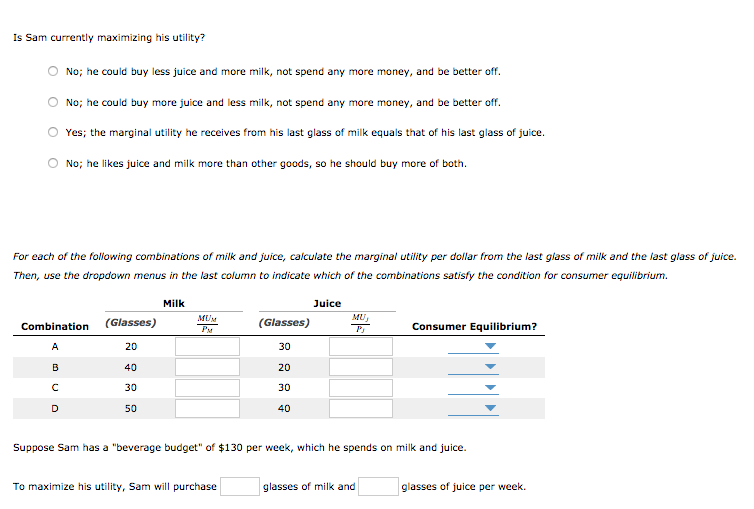 Solved Sam enjoys consuming both milk and juice. Each glass | Chegg.com