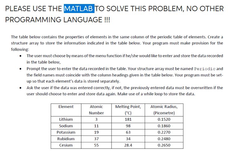 Solved PLEASE USE THE MATLAB TO SOLVE THIS PROBLEM, NO OTHER | Chegg.com
