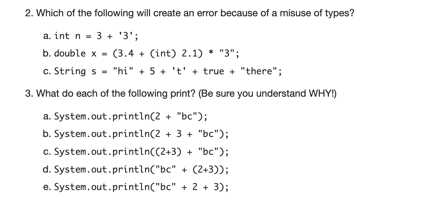 Solved 2. Which of the following will create an error | Chegg.com