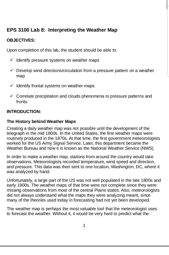 Solved EPS 3100 Lab 8 Interpreting the Weather Map