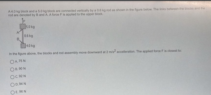 A \( 4.0 \mathrm{~kg} \) block and a \( 5.0 \mathrm{~kg} \) block are connected vertically by a \( 0.6 \mathrm{~kg} \) rod as