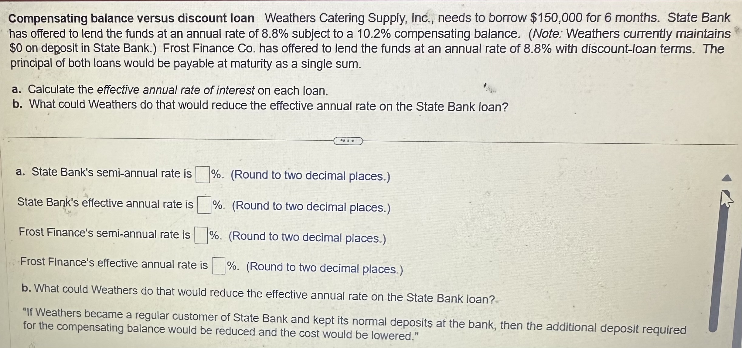 Solved Compensating balance versus discount loan Weathers | Chegg.com
