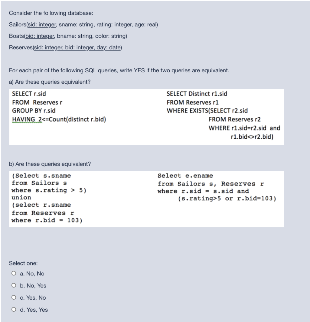 Solved Consider the following database Sailors(sid