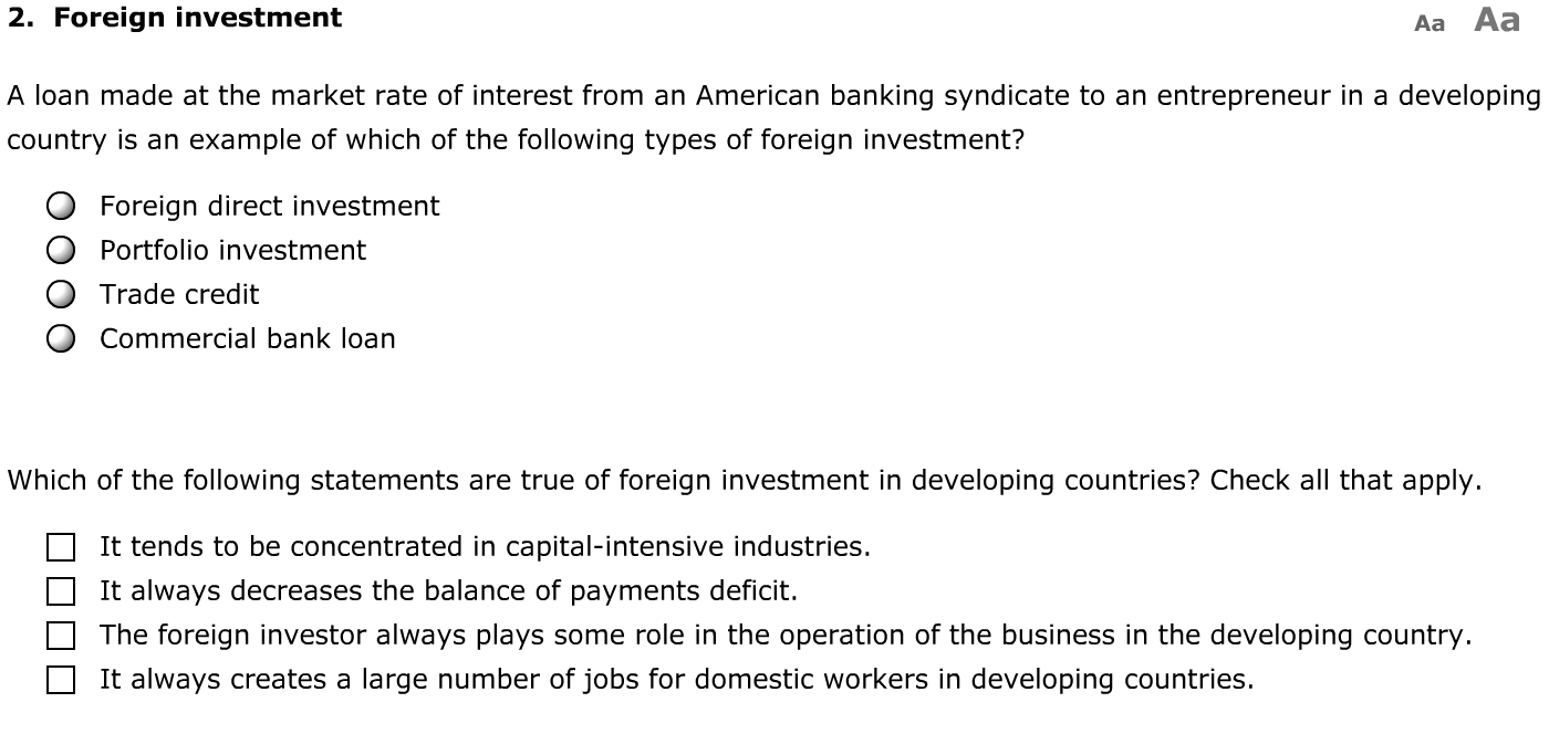 Solved 2. Foreign investment Aa Aa A loan made at the market | Chegg.com