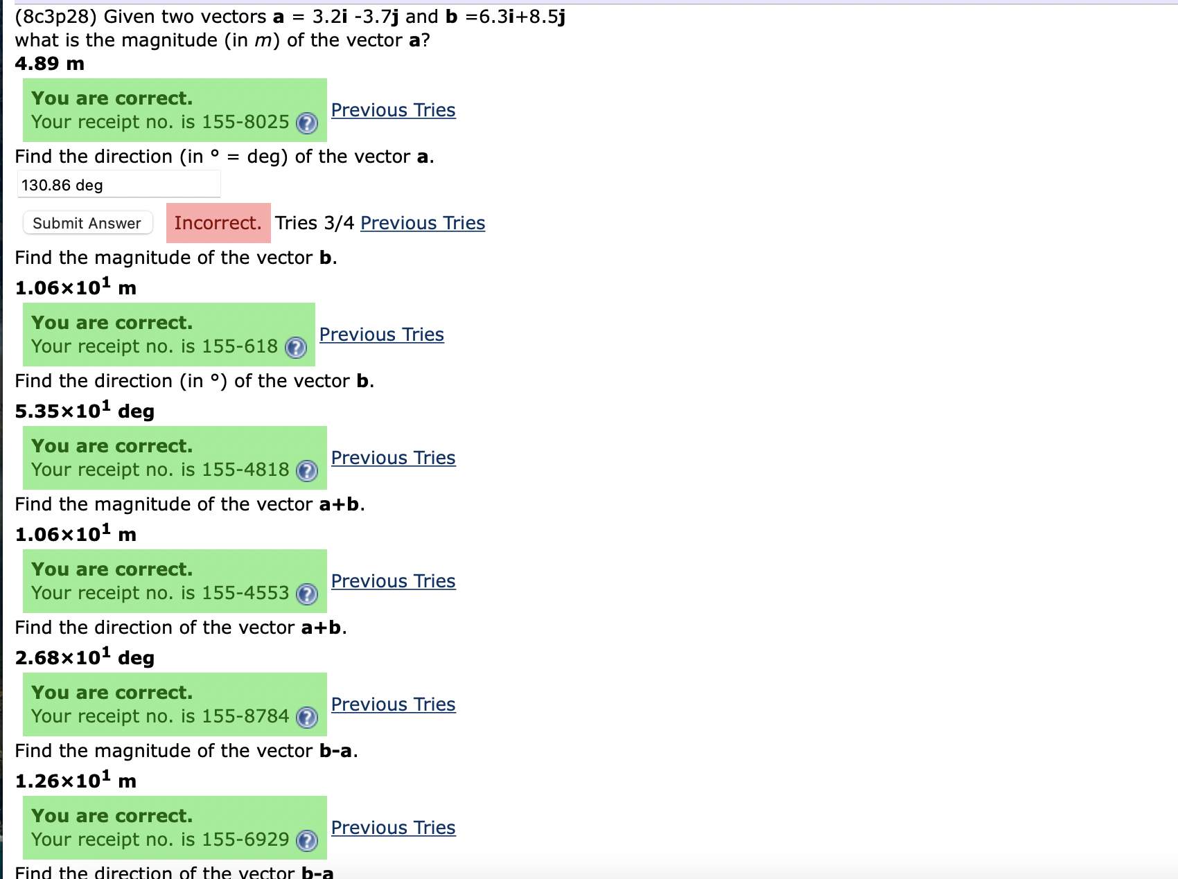 Solved (8c3p28) Given two vectors a=3.2i−3.7j and | Chegg.com