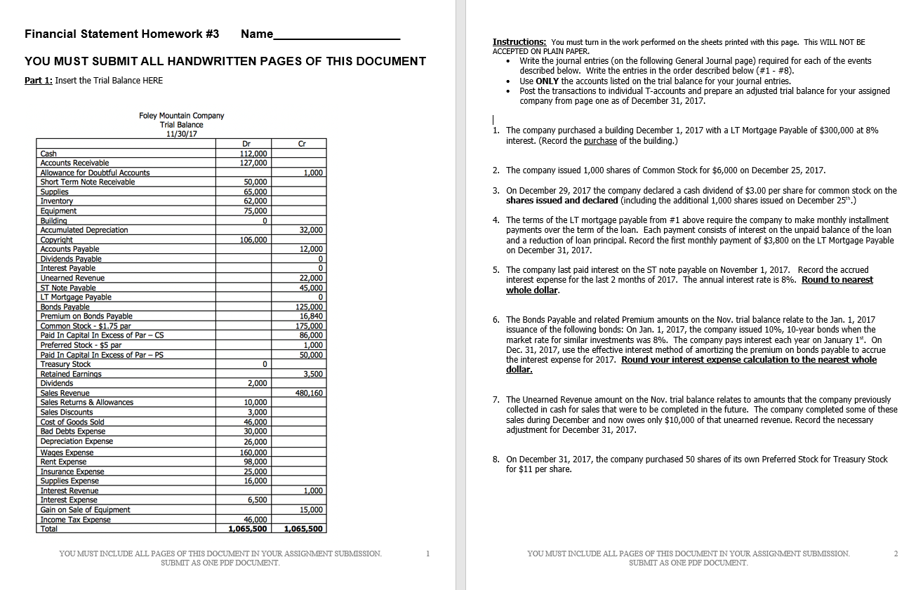 Solved Financial Statement Homework #3 Name YOU MUST SUBMIT | Chegg.com