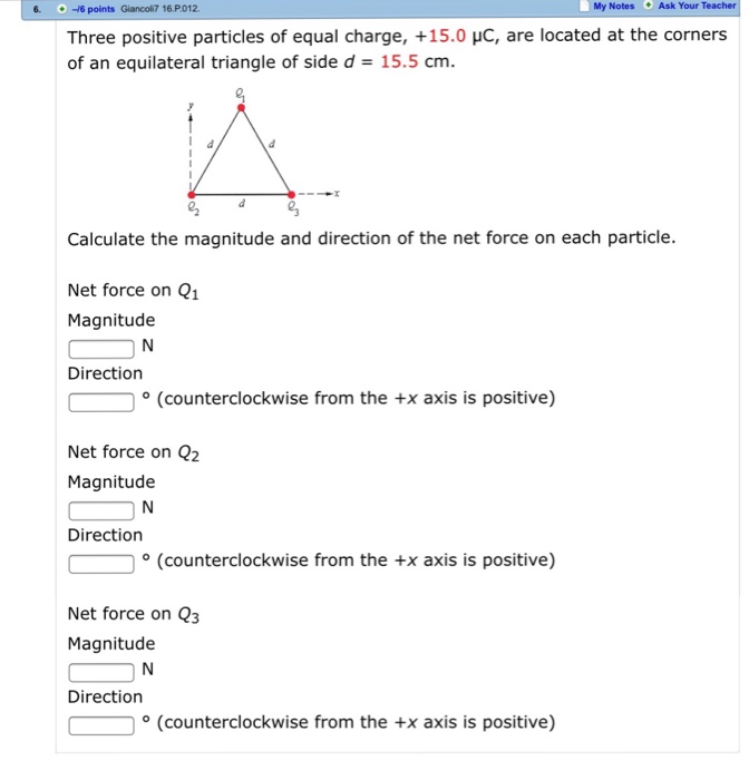 Solved Three Positive Particles Of Equal Charge, +15.0 Mu C, | Chegg.com